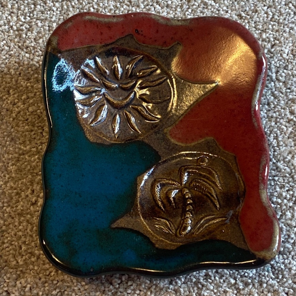 Signed Studio Pottery Trinket Dish 2003 Sun Palm Tree Teal Red Bronze Ceramic